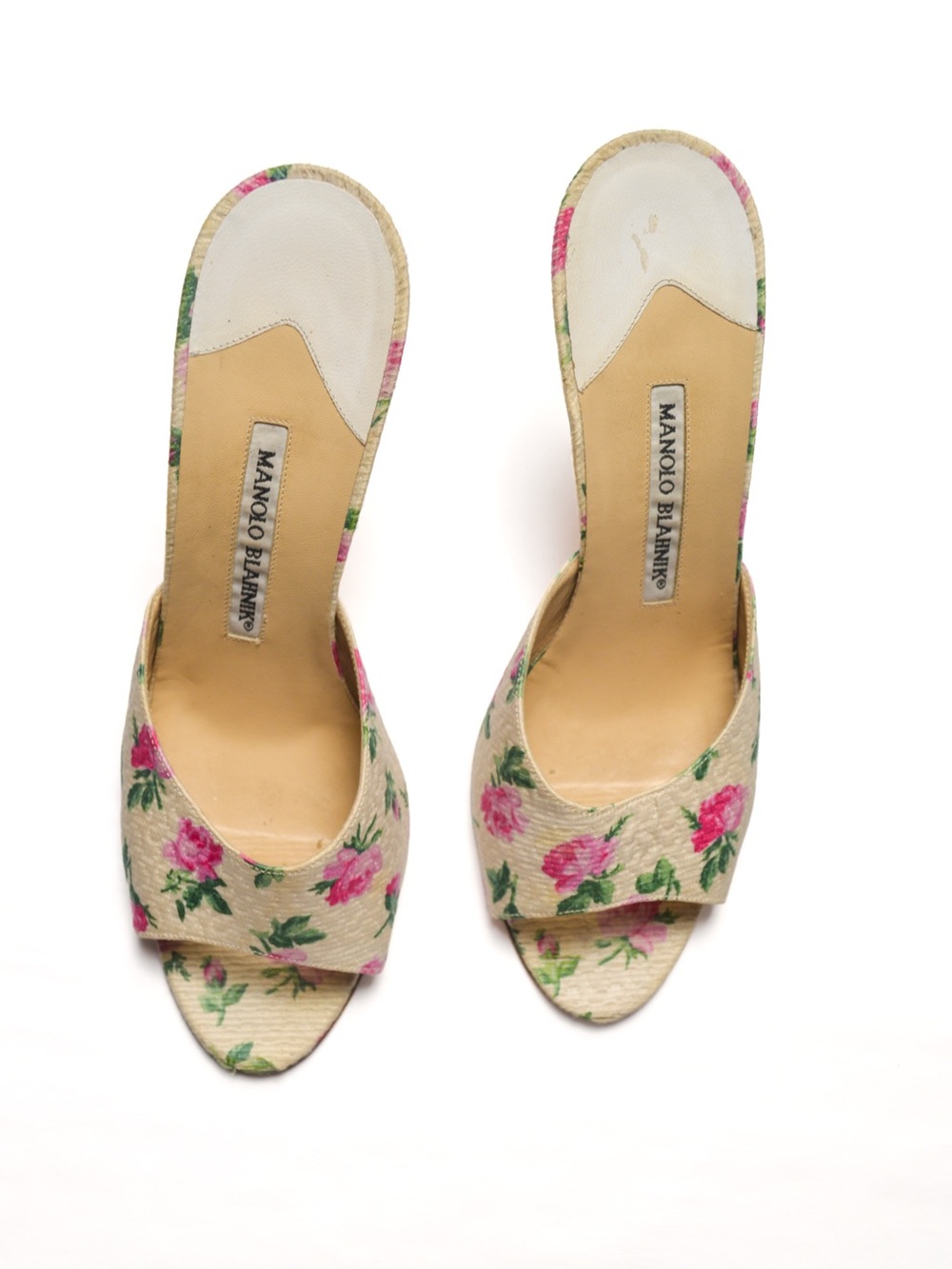 Manolo Blahnik Cream Floral Open-Toe Mules with Pink Roses